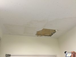 漏水していた箇所。天井化粧ボードの汚れと破損が見受けられます